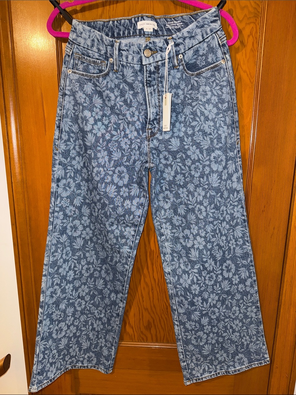 NWT Good American Good Waist Palazzo Crop Floral-Print Jeans